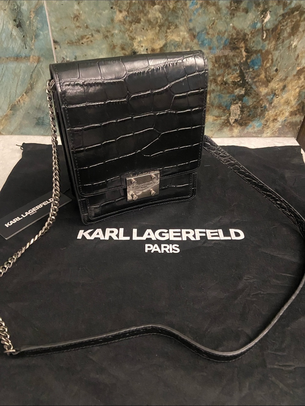 Karl Lagerfeld Black Croc-Embossed, 100% Leather, Corrine Crossbody. NWOT